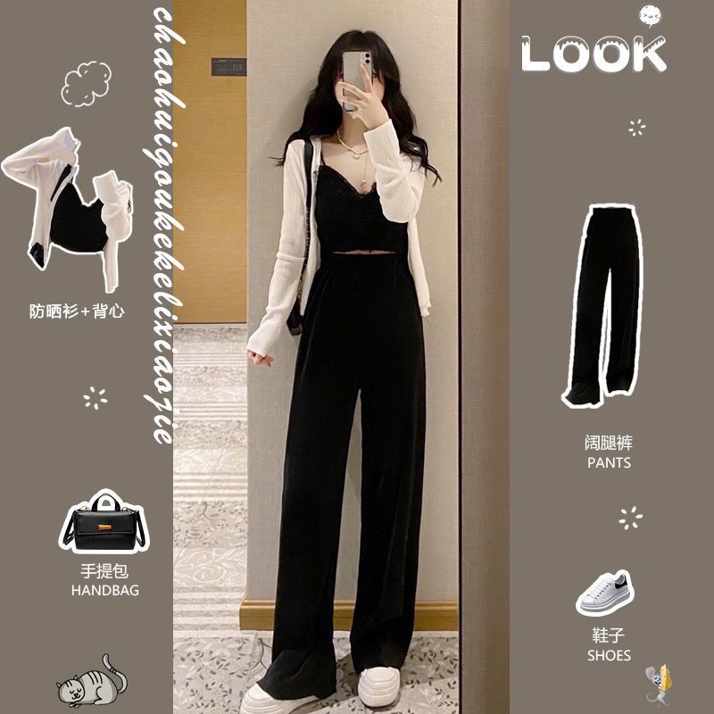 [Three-piece set] 2022 spring and summer new Hong Kong style retro royal sister foreign temperament knitwear ins trousers suit female