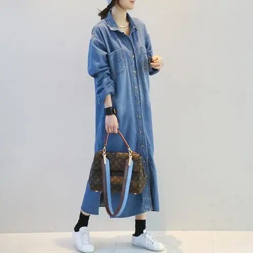 長款牛仔外穿2022春秋新款牛仔襯衫裙女BF寬鬆減齡連衣裙過膝長裙