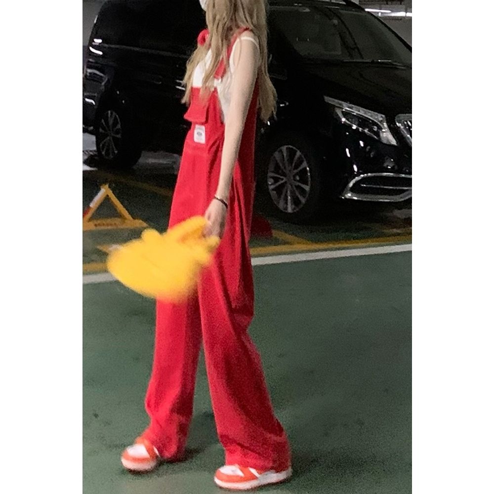 2022 summer new high-end American denim overalls female loose retro red straight one-piece pants ins