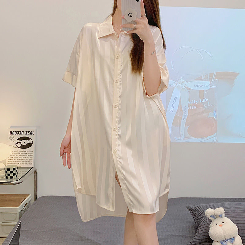 Oshibo ice silk pajamas female spring and summer new long and short-sleeved nightdress cartoon cute student home service can be worn outside