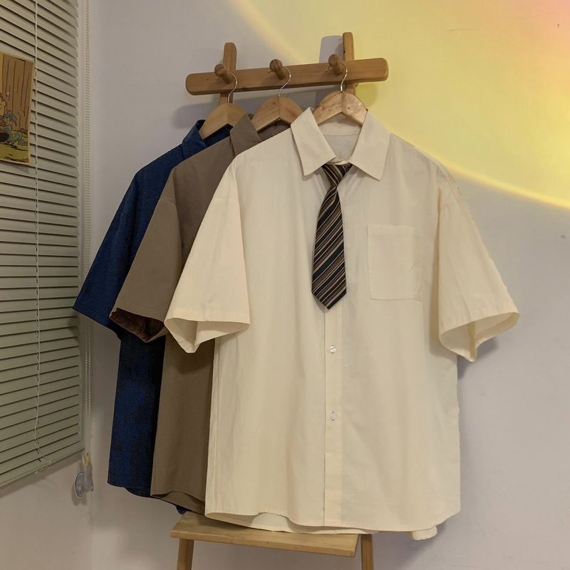 棕色vintage衬衫男日系cityboy工装短袖衬衣oversize五分袖dk制服