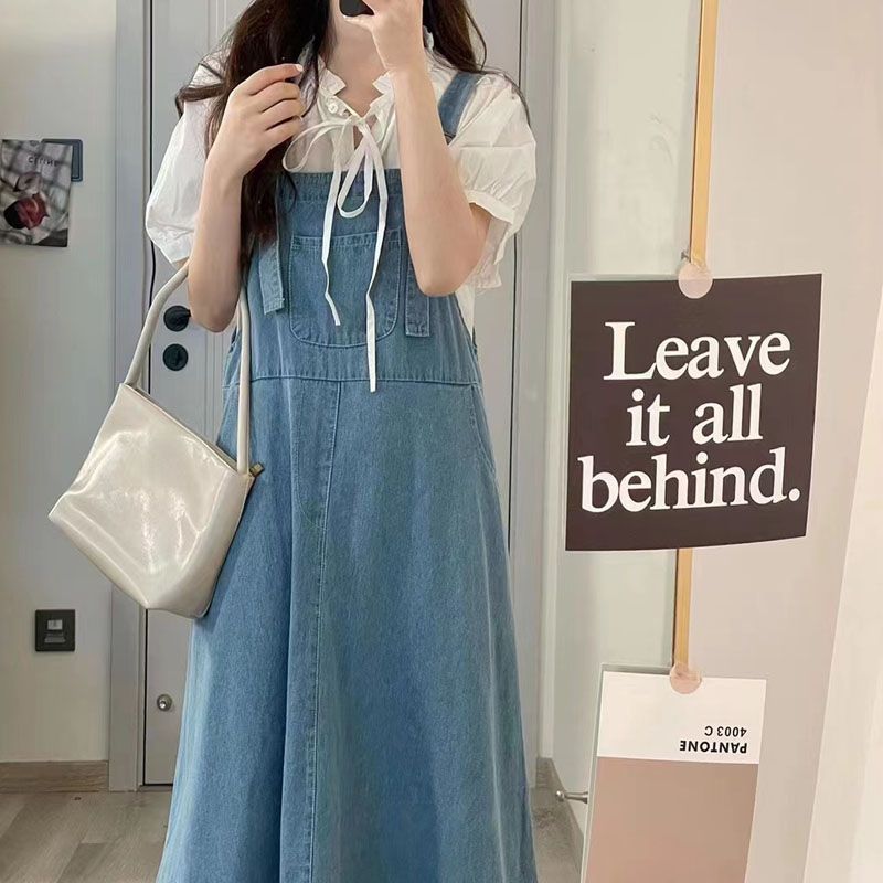 Summer small fragrance shirt suit skirt Hong Kong flavor retro niche design ruffled denim strap dress women