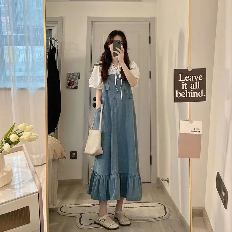 Summer small fragrance shirt suit skirt Hong Kong flavor retro niche design ruffled denim strap dress women