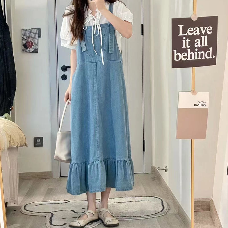 Summer small fragrance shirt suit skirt Hong Kong flavor retro niche design ruffled denim strap dress women