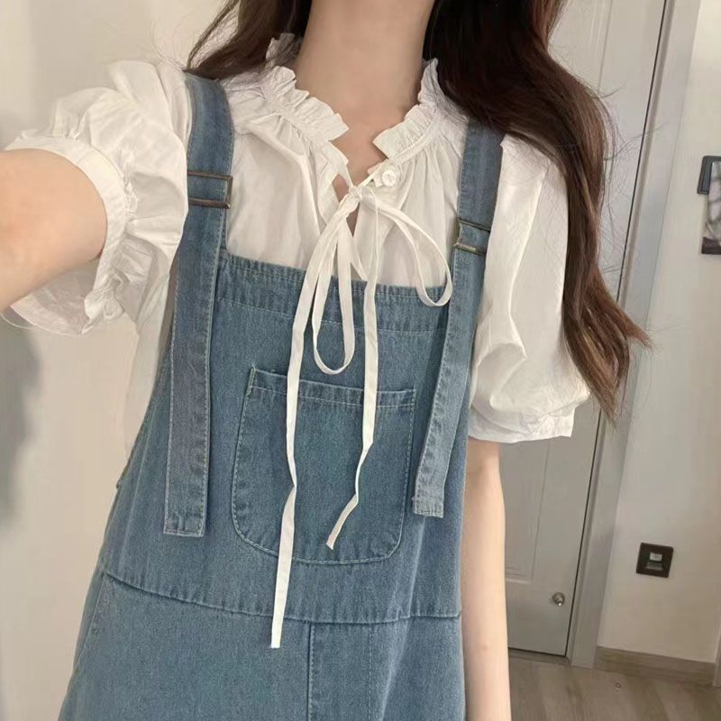 Summer small fragrance shirt suit skirt Hong Kong flavor retro niche design ruffled denim strap dress women