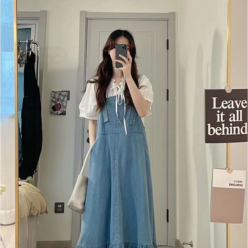 Summer small fragrance shirt suit skirt Hong Kong flavor retro niche design ruffled denim strap dress women