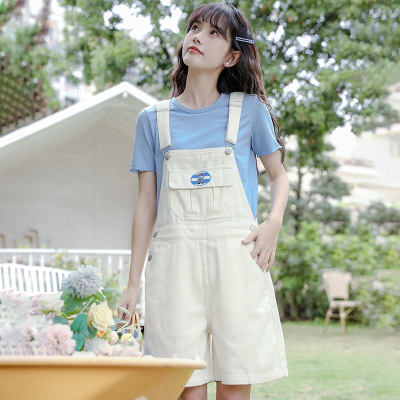 White denim suspenders women's 2022 summer new embroidered cropped pants sweet aging high waist suspender wide leg shorts