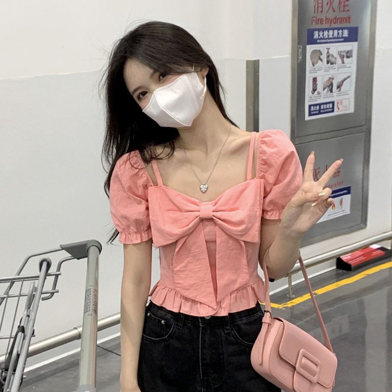 一字肩短款上衣女設計感小眾夏季法式甜美別致獨特方領泡泡袖襯衫