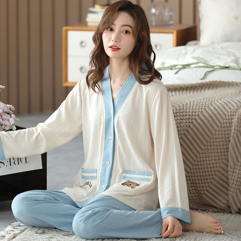 帕蘭朵女士睡衣莫代爾棉春夏款薄款開衫長袖家居服套裝可外穿春季