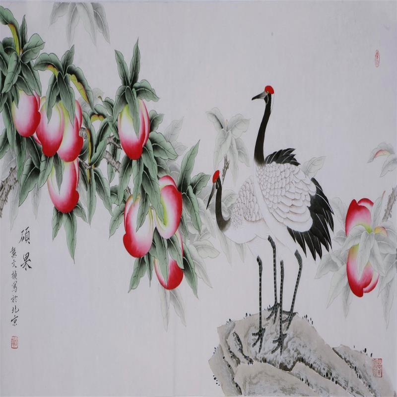 【手写真品】纯手绘四尺横幅龚文桢工笔仙鹤寿桃桃子名人字画国画