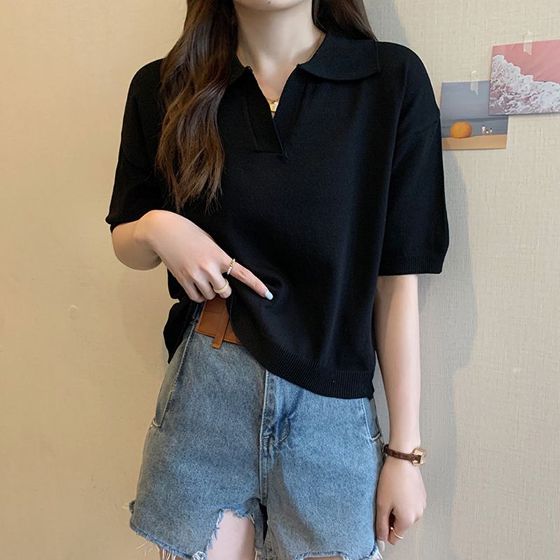 Plus size women's Korean style slimming POLO collar bottoming shirt for fat girls in summer versatile short-sleeved knitted tops