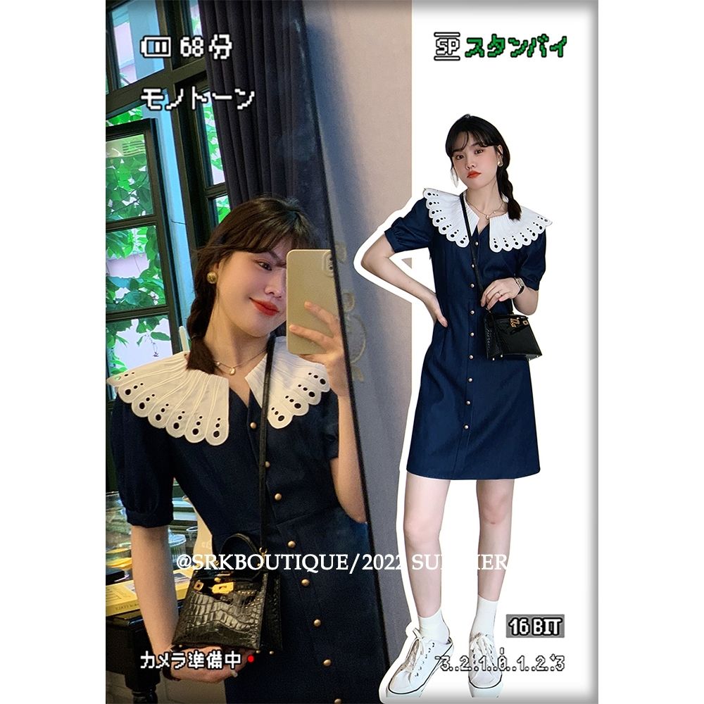 French temperament doll collar dress summer 2023 new shirt A-line skirt celebrity girl bubble sleeve skirt