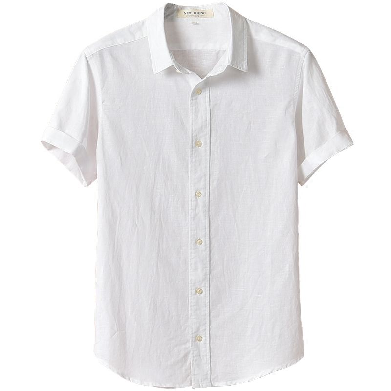 透气亚麻衬衫男士短袖修身上衣夏季薄款翻领青年棉麻料休闲白衬衣