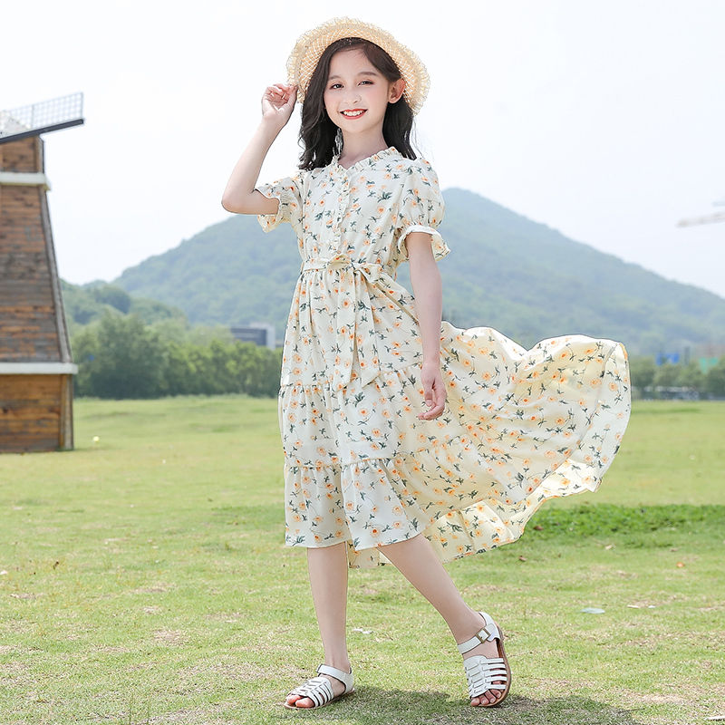 韓版童裝女童雪紡裙子夏裝2023新款中大童洋氣兒童夏季女孩連衣裙
