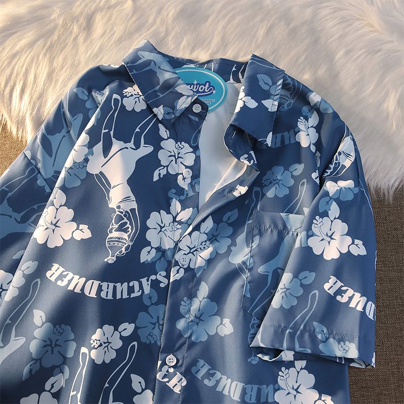 American retro full-print flower short-sleeved flower shirt for men and women niche design sense loose Hong Kong style chic shirt top