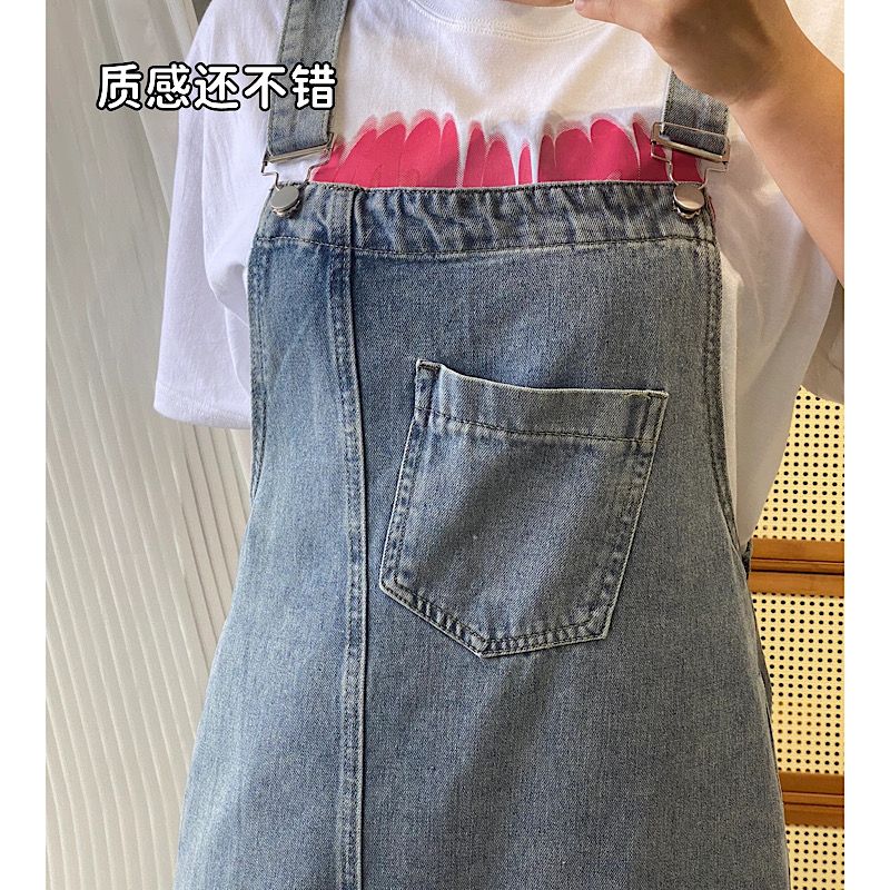 Plus size women's denim suspender skirt summer new style age reduction and thin mid-length section slit fat mm dress trendy