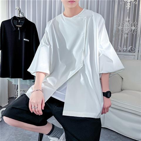 Irregular design sense shirt men's summer thin ice silk short-sleeved high-end hairstylist three-quarter sleeves