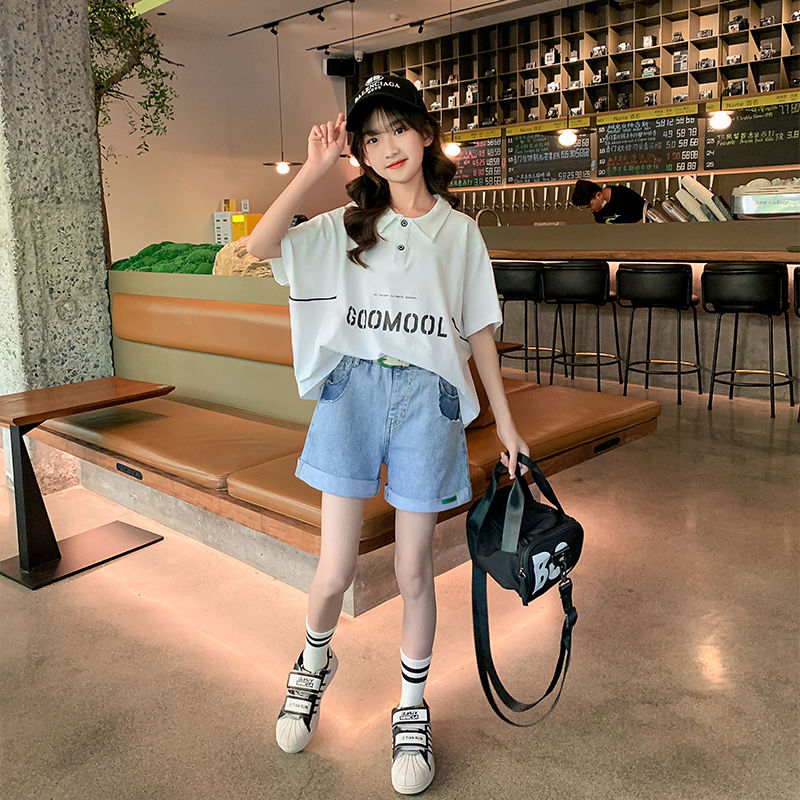 Girls' suit summer new short-sleeved t-shirt 2022 new Korean version of children's top denim shorts polo shirt tide