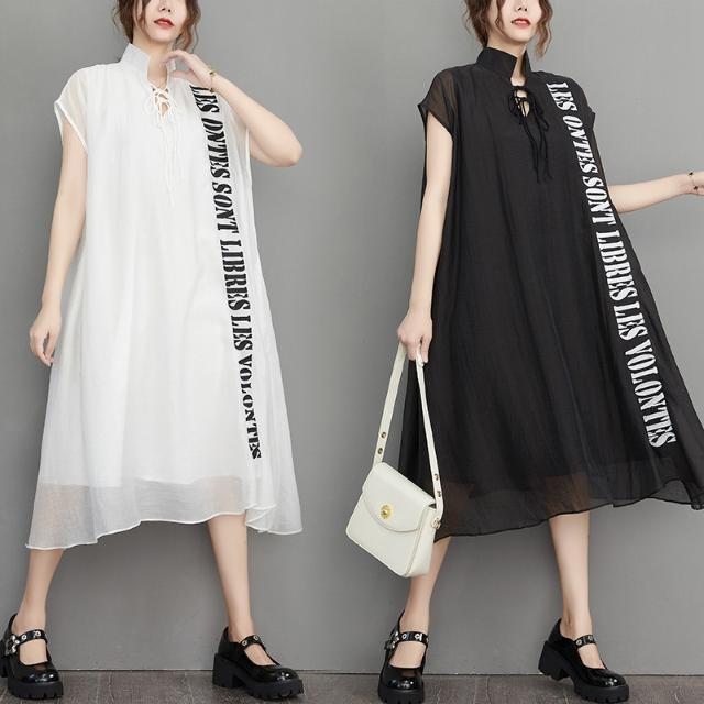 2022夏季新款休閒時尚字母刺繡繡花天絲棉純色連衣裙立領中長裙女