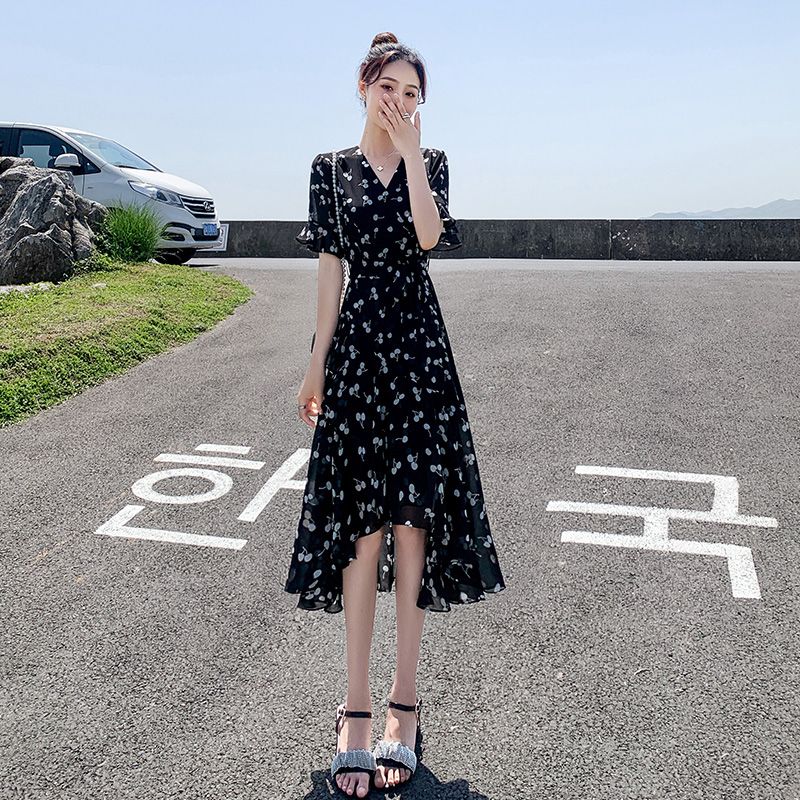 Black chiffon floral skirt  summer new waistline slim temperament cover belly v-neck a-line skirt dress female