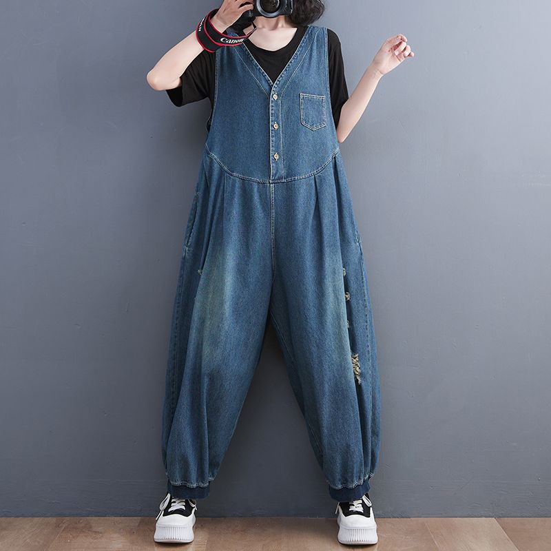 Retro personality ripped denim overalls women's bloomers high waist slimming cover meat reducing age cover belly jumpsuit pants
