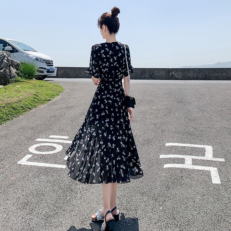 Black chiffon floral skirt  summer new waistline slim temperament cover belly v-neck a-line skirt dress female