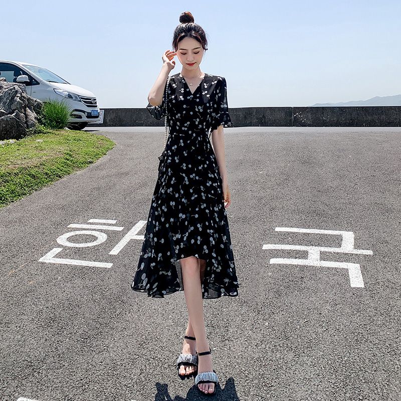 Black chiffon floral skirt  summer new waistline slim temperament cover belly v-neck a-line skirt dress female