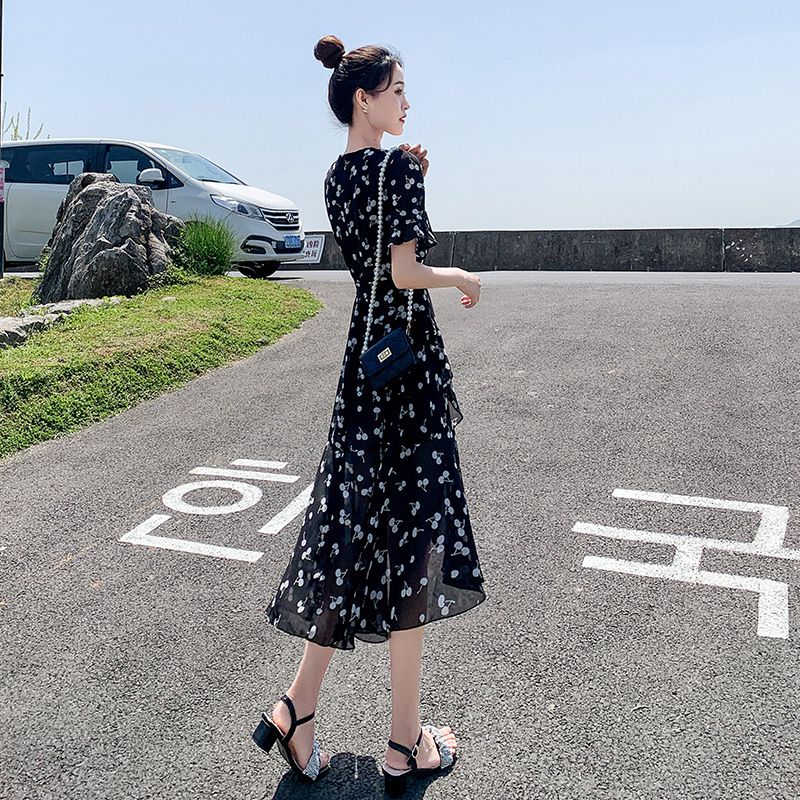 Black chiffon floral skirt  summer new waistline slim temperament cover belly v-neck a-line skirt dress female