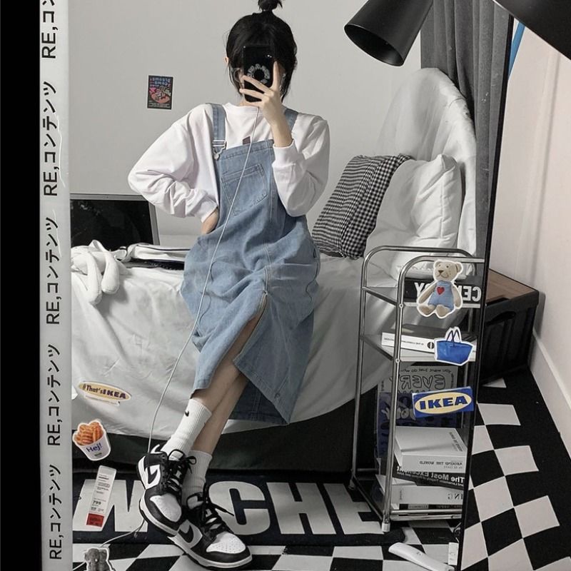 牛仔背帶裙女2022春夏季韓版ins潮慵懶風大碼寬鬆百搭中長款裙子