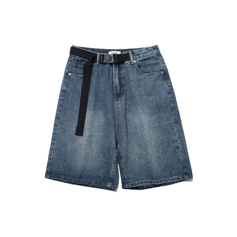 American high street retro simple washed denim shorts men's summer thin section straight loose wide-leg five-point pants