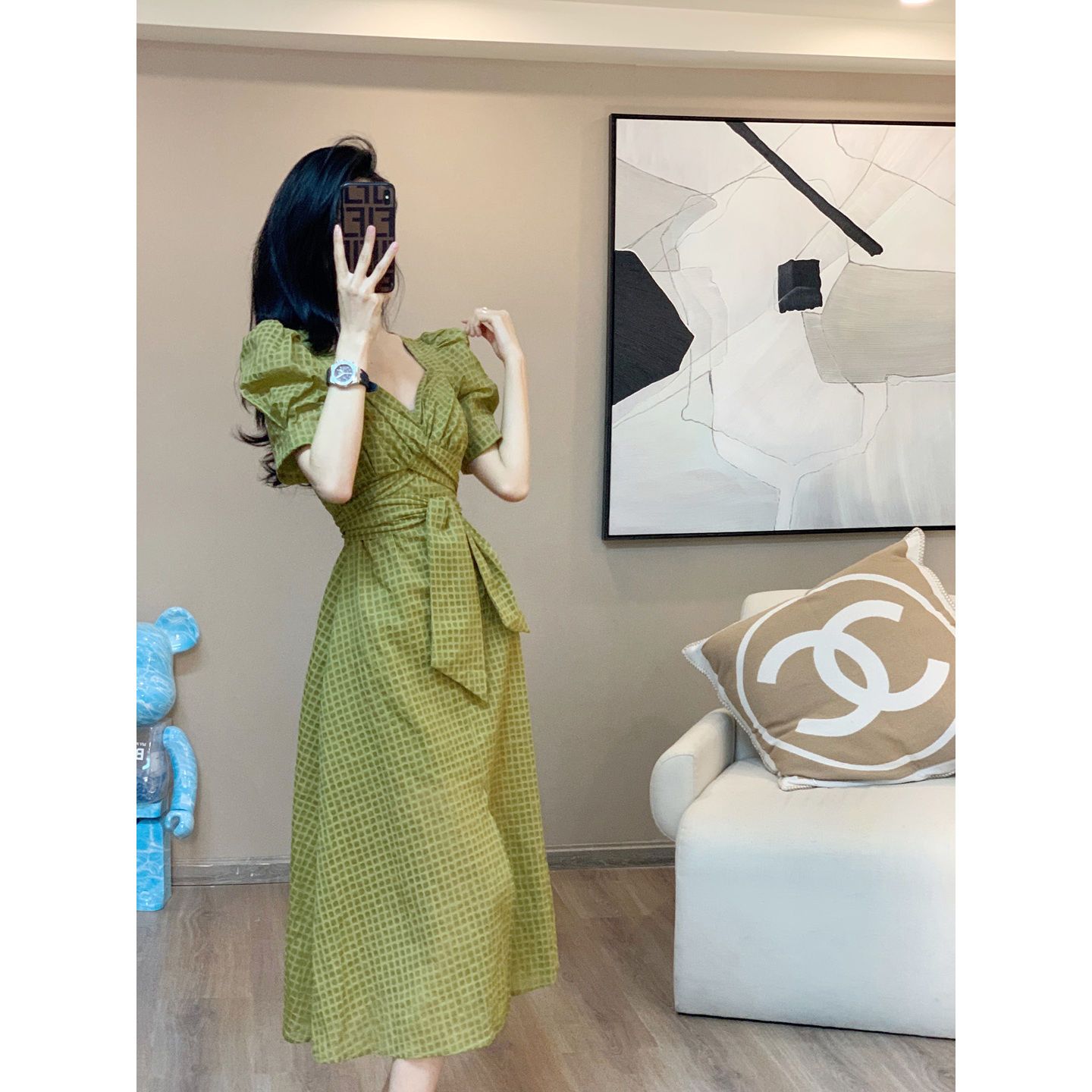 Summer dress high-end light luxury design sense niche temperament waist puff sleeve long skirt light and familiar style v-neck skirt