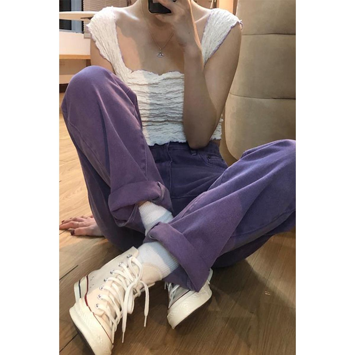 紫色褲子女ins高街梨形身材直筒牛仔褲高腰顯瘦寬鬆大碼拖地長褲