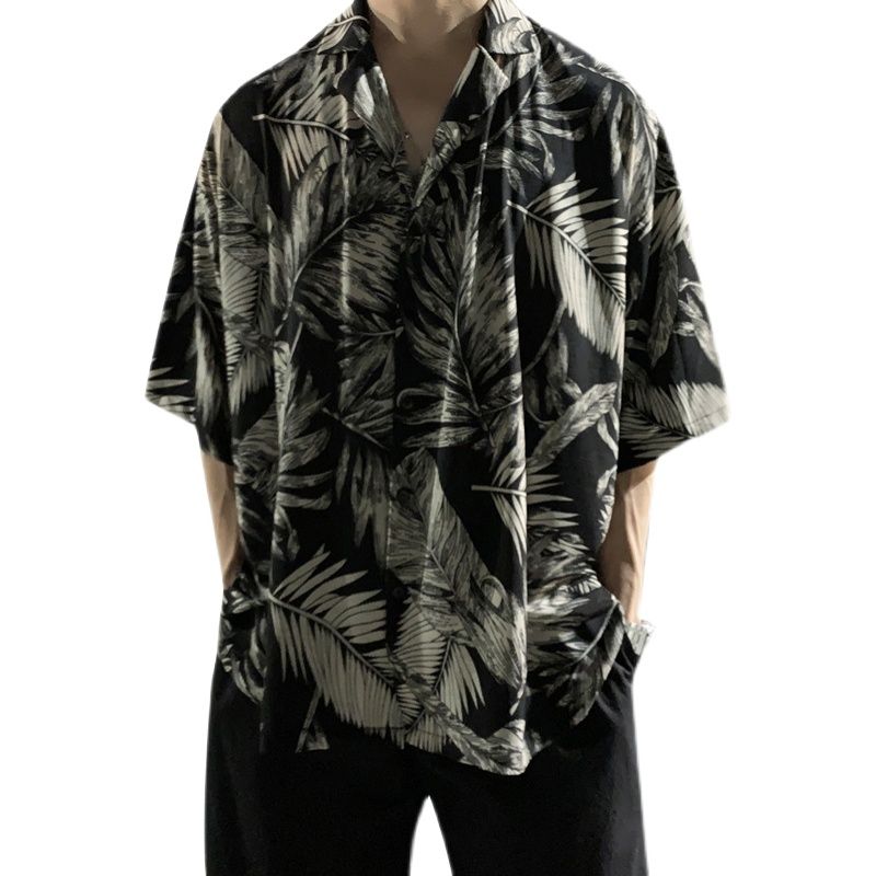 英伦雅痞大码男装高级感碎花衬衫短袖男夏季薄款夏威夷风胖子衬衣