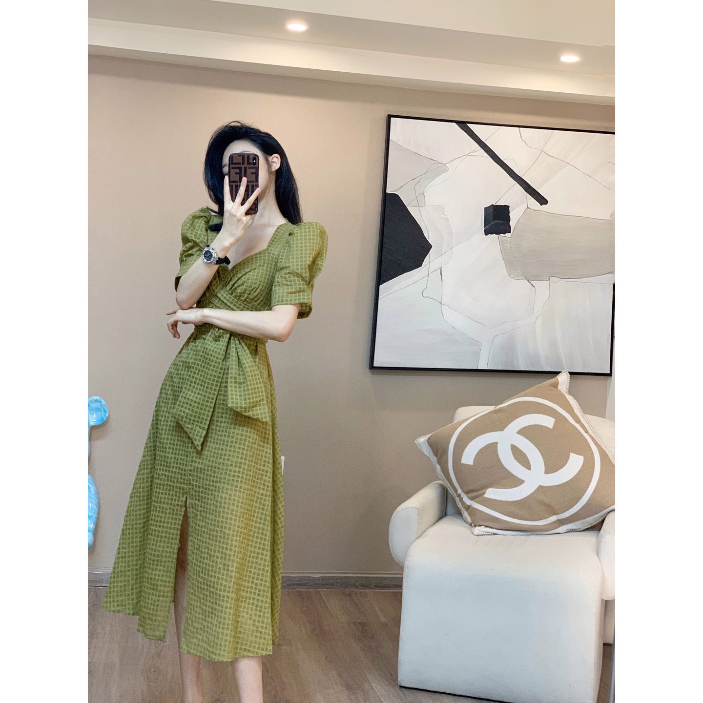 Summer dress high-end light luxury design sense niche temperament waist puff sleeve long skirt light and familiar style v-neck skirt