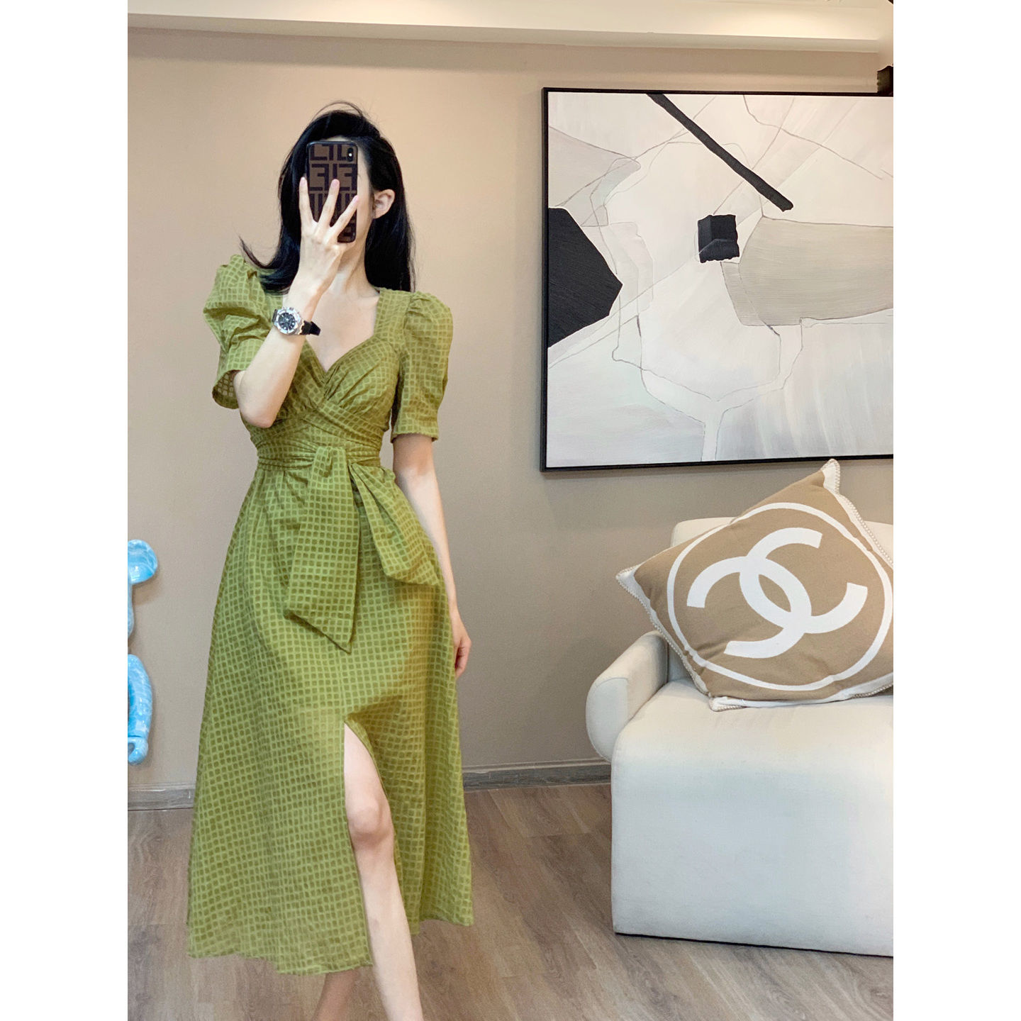 Summer dress high-end light luxury design sense niche temperament waist puff sleeve long skirt light and familiar style v-neck skirt