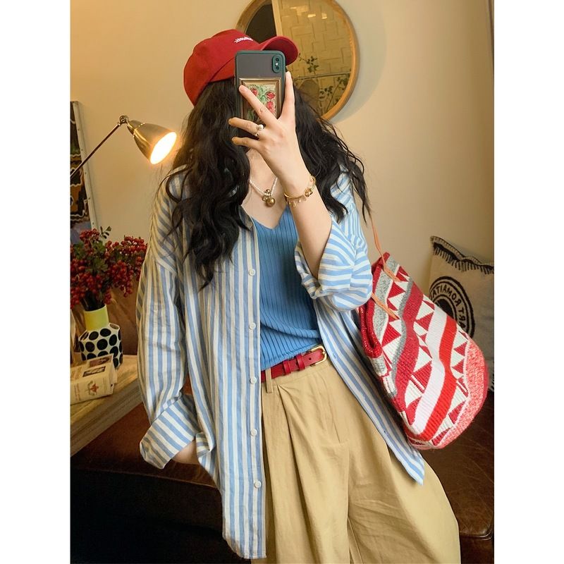 Grigio breathable thin cotton vertical striped shirt women's casual niche versatile loose long-sleeved sun protection shirt