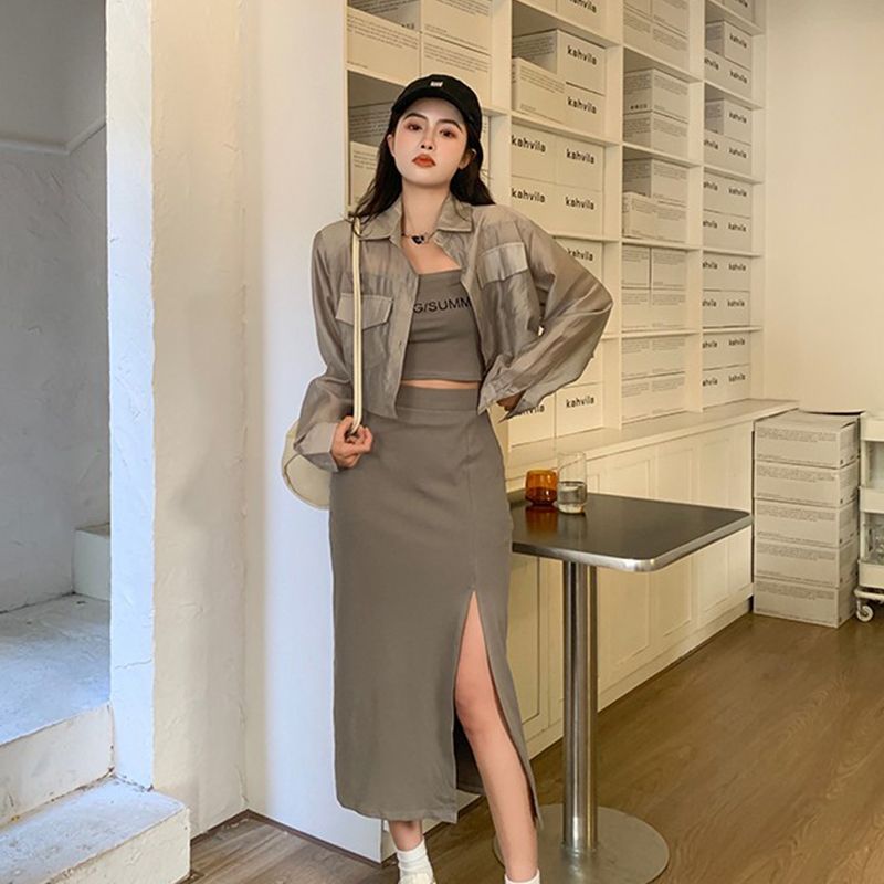 Hong Kong style suit women's summer  new self-cultivation thin tube top mid-length skirt shirt pure desire three-piece set