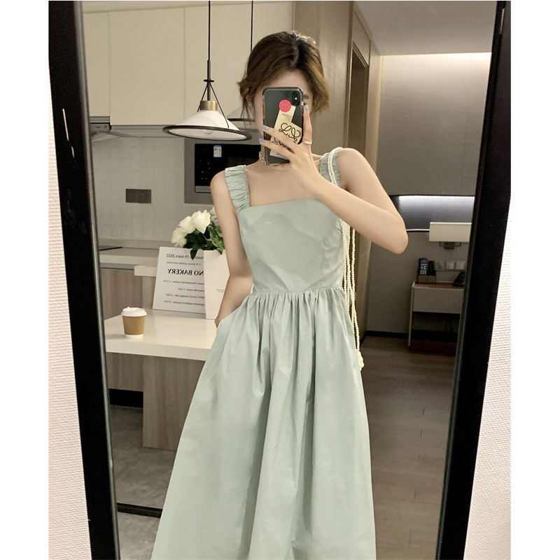 方領吊帶連衣裙女裝夏季2023新款法式氣質中長款收腰顯瘦初戀裙子