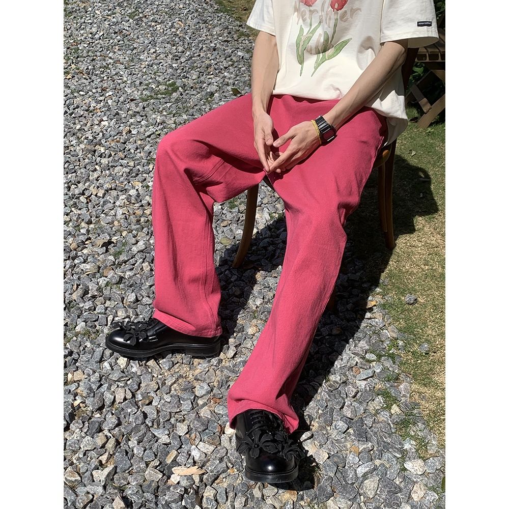 日韓玫紅粉色春夏寬鬆直筒美式高街嘻哈復古闊腿牛仔褲長褲子男女
