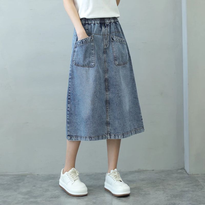 Spring and summer new trendy simple atmosphere retro old high waist denim skirt female slit loose a-line long skirt
