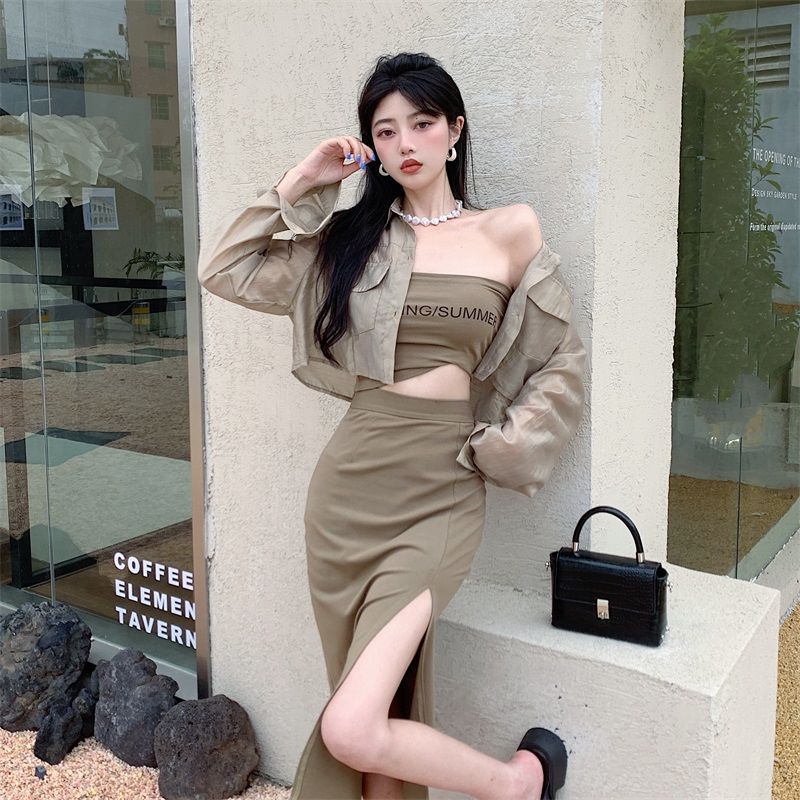 Suit  New Women's Summer Long-sleeved Sunscreen Shirt Slim Tube Top Top High Waist Bag Hip Skirt Three-piece Set