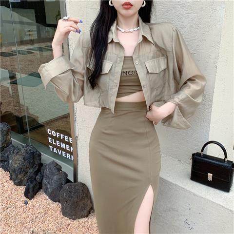 Suit  New Women's Summer Long-sleeved Sunscreen Shirt Slim Tube Top Top High Waist Bag Hip Skirt Three-piece Set