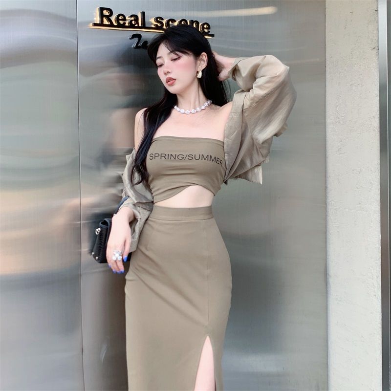 Suit  New Women's Summer Long-sleeved Sunscreen Shirt Slim Tube Top Top High Waist Bag Hip Skirt Three-piece Set