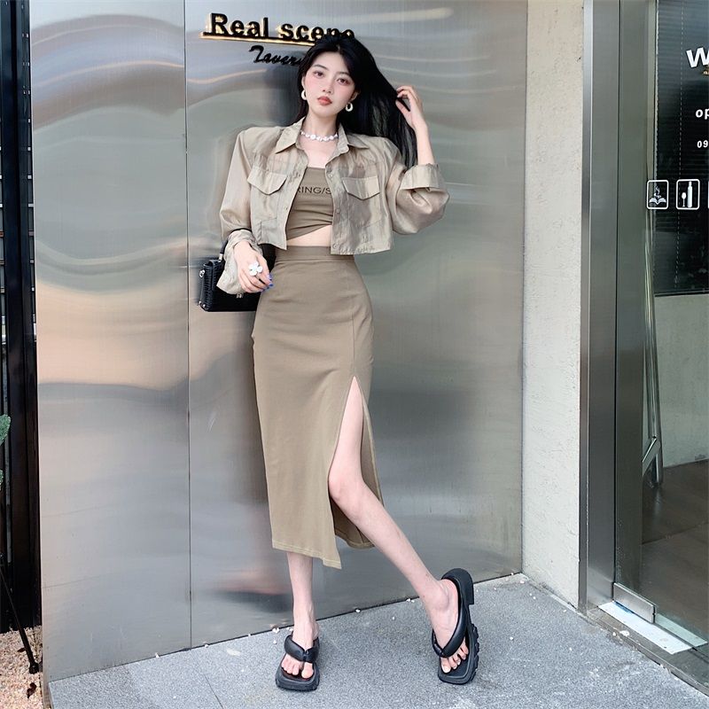 Suit  New Women's Summer Long-sleeved Sunscreen Shirt Slim Tube Top Top High Waist Bag Hip Skirt Three-piece Set