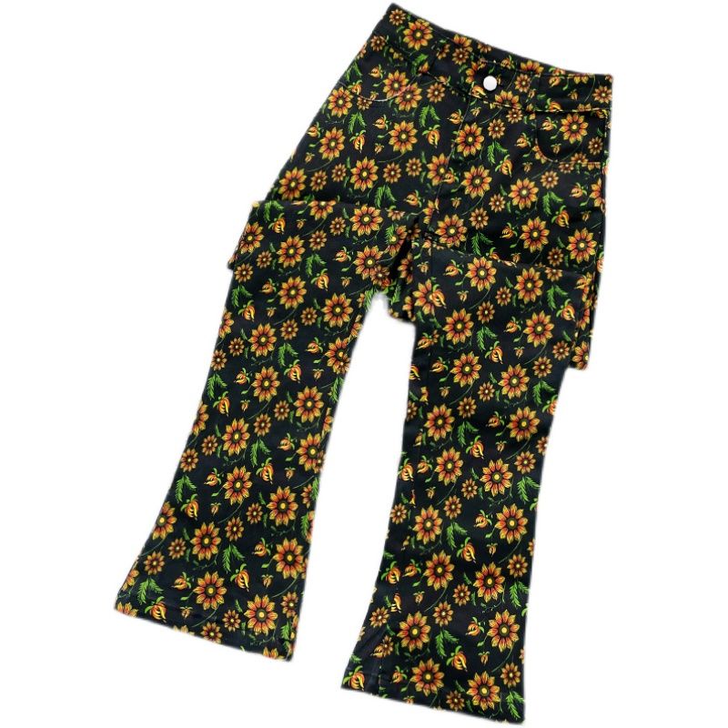 Trendy national style sunflower denim micro boot pants women's  summer new net red nine-point cigarette pipe straight pants