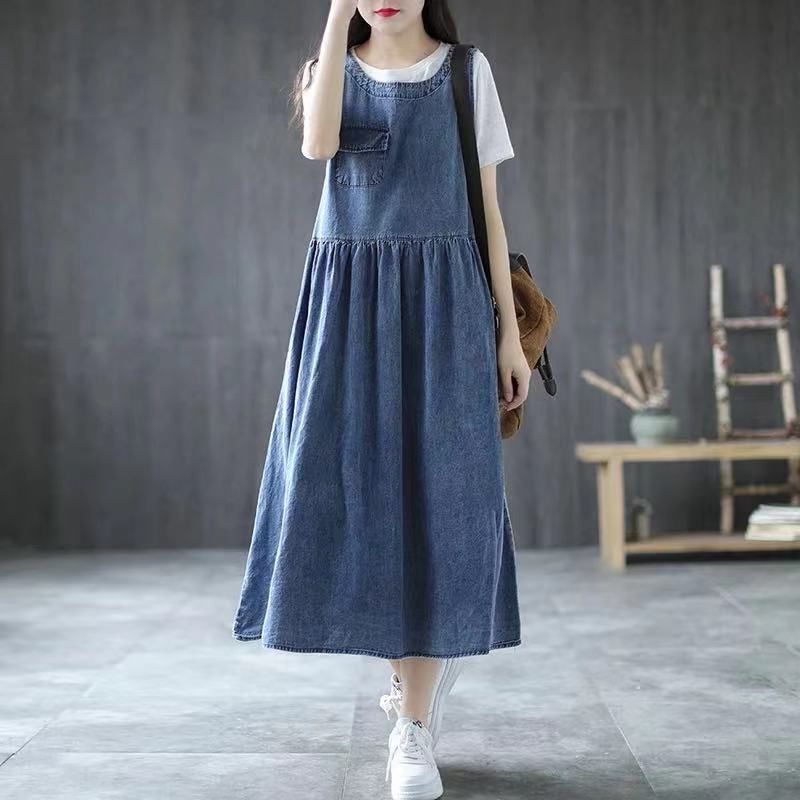 Korean version of the retro denim vest skirt women's summer loose high waist mid-length Mori large size A-line dress summer