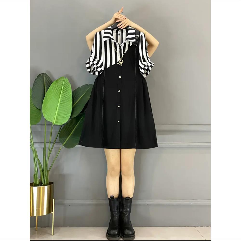 Fat Sister 2024 Summer New Style Slimming Fake Two-Piece Strap Dress Large Size Versatile Simple Shirt Dress