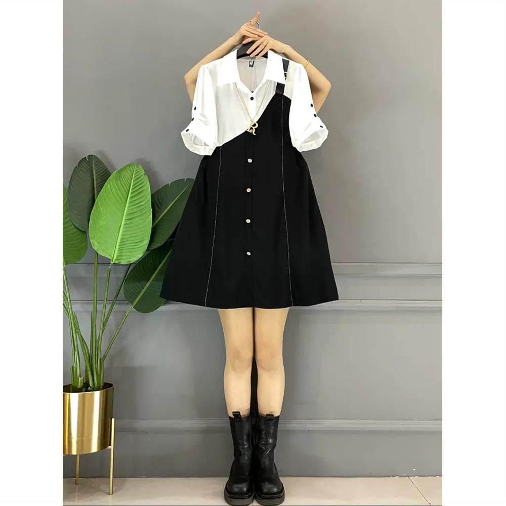 Fat Sister 2024 Summer New Style Slimming Fake Two-Piece Strap Dress Large Size Versatile Simple Shirt Dress