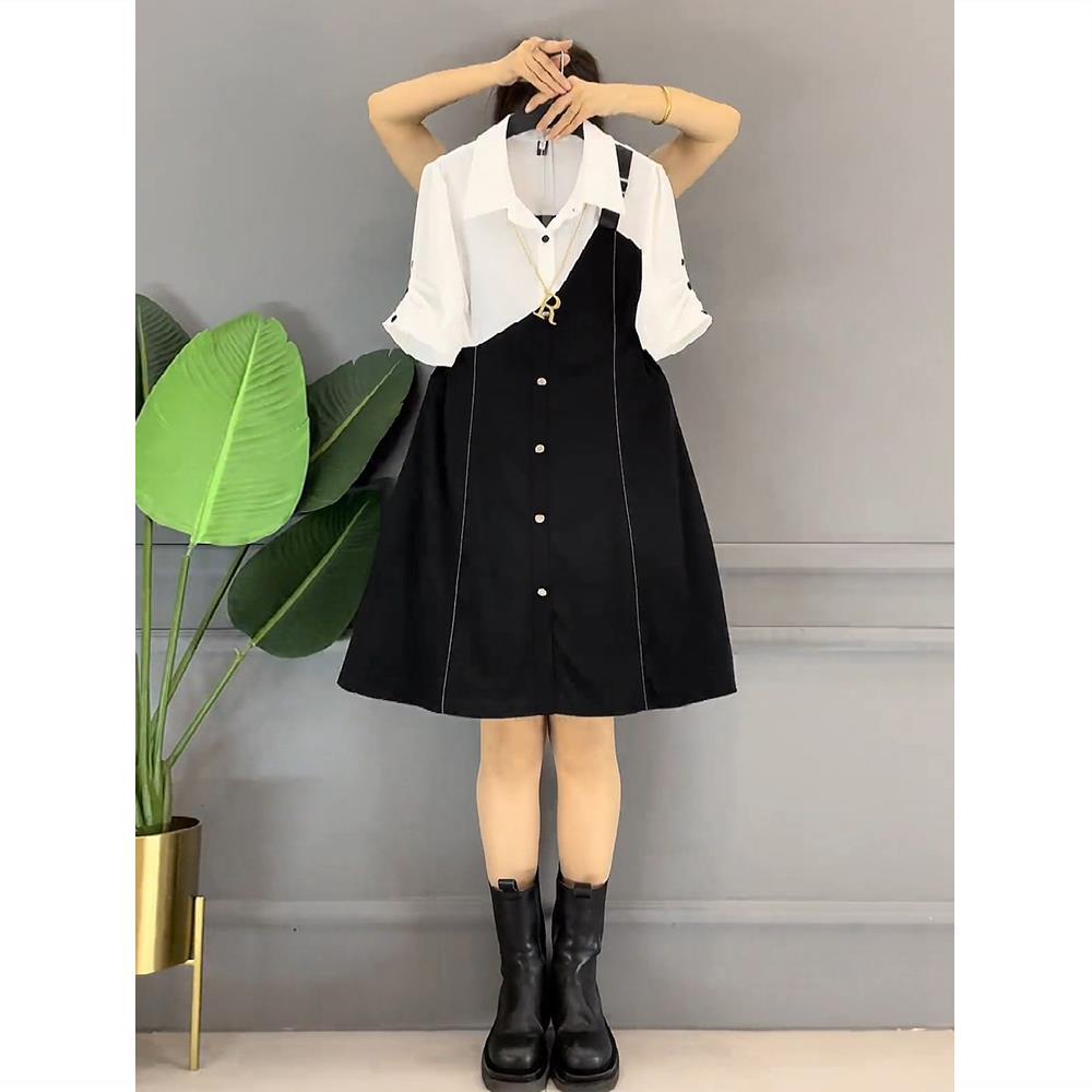 Fat Sister 2024 Summer New Style Slimming Fake Two-Piece Strap Dress Large Size Versatile Simple Shirt Dress