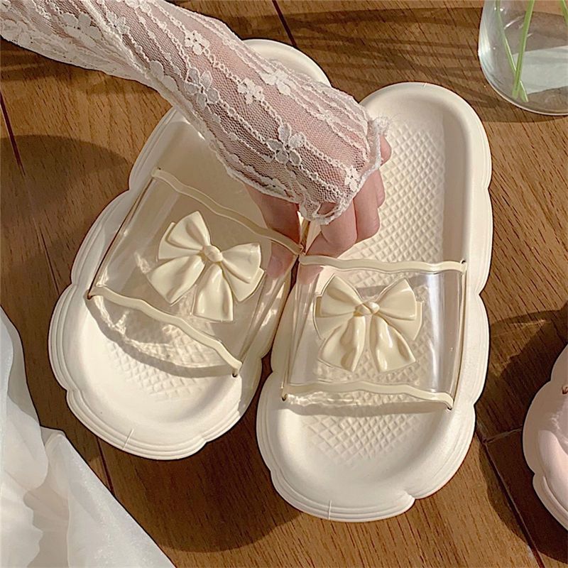 Thin strip summer leisure home non-slip bathroom bath soft bottom slippers sweet transparent bow sandals and slippers for women